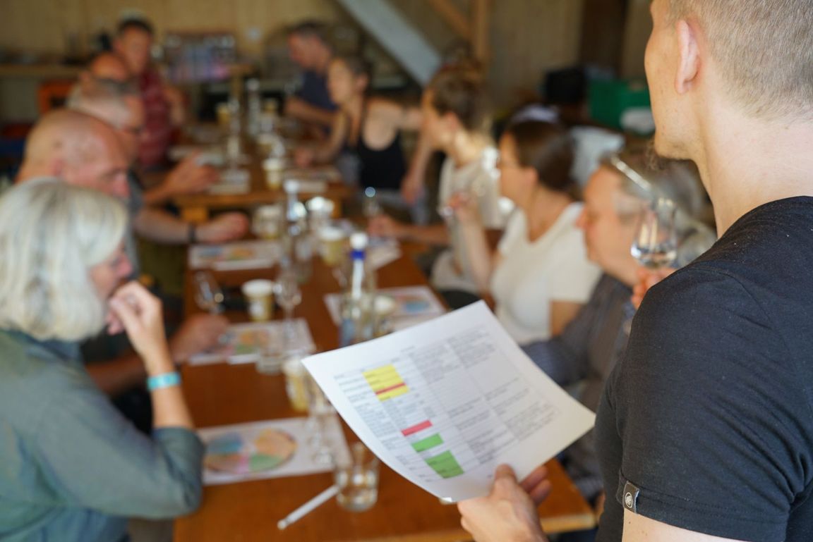 Florian Walpen leitet die Degustation vor zwei Tischen mit TeilnehmerInnen